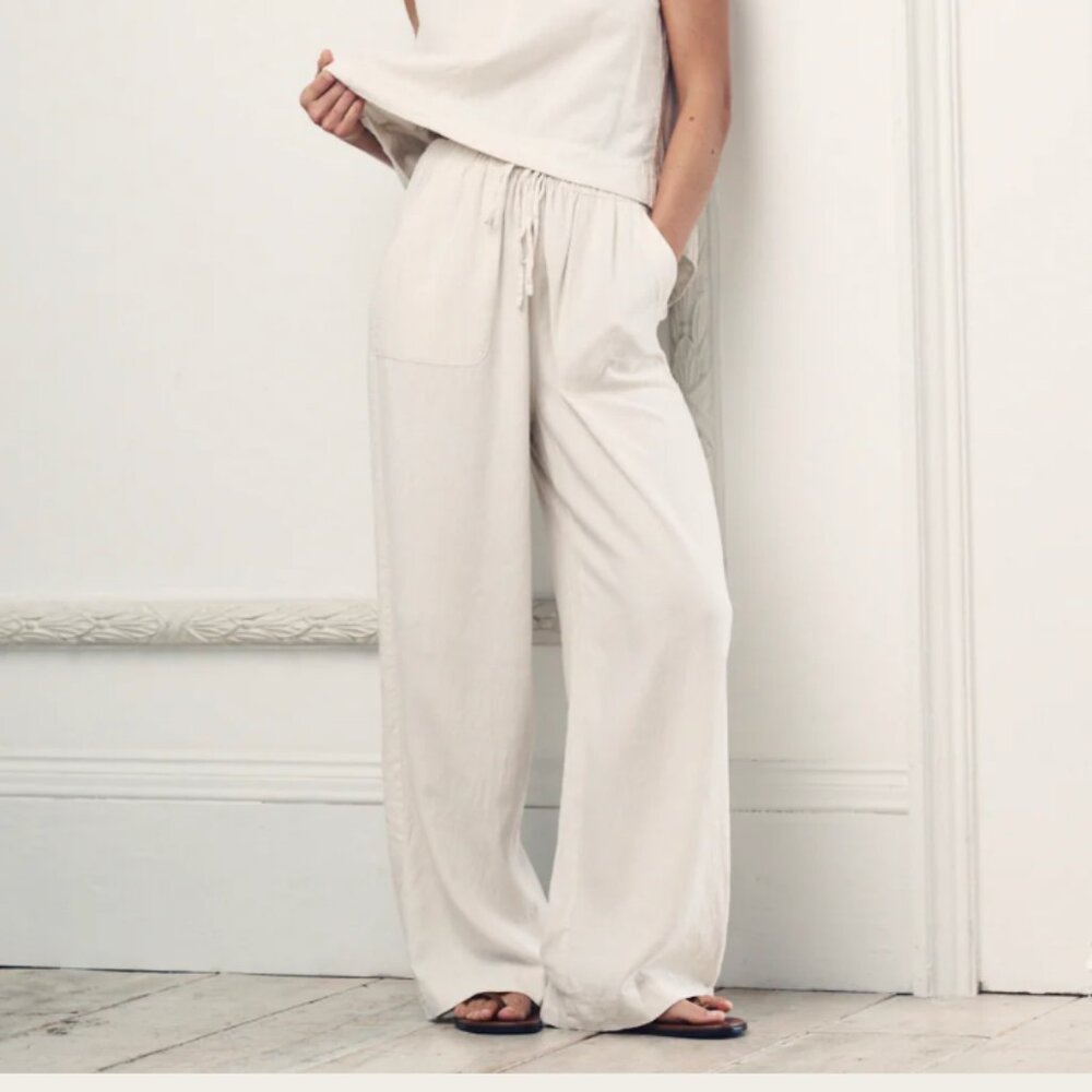 Nobody's Child Cream Linen-blend Wide Leg Shona Trousers - US10 Petite